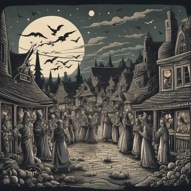 Spirited figures in Celtic attire gather around a market scene, highlighting the mystery and potential gains of the Halloween Strategy