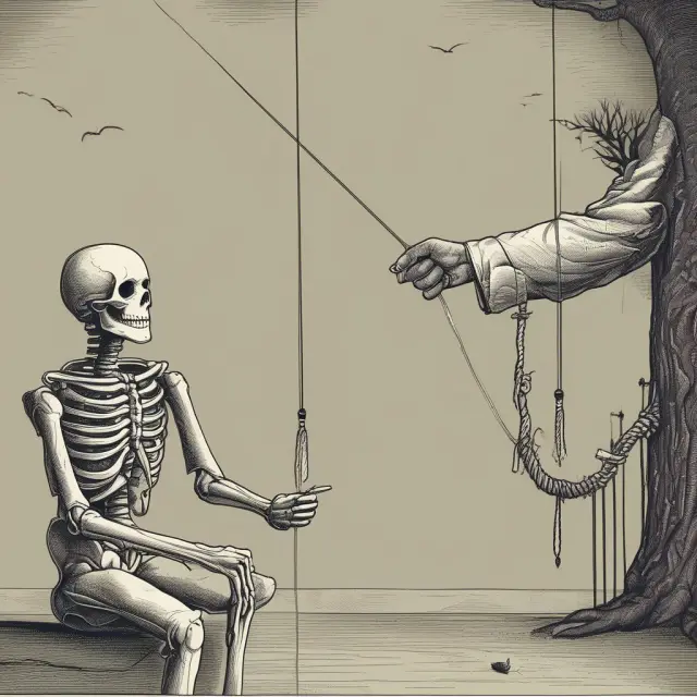 Ghostly hand manipulating income trust marionette, symbolizing the Halloween Massacre decision impacting Canadian financial markets