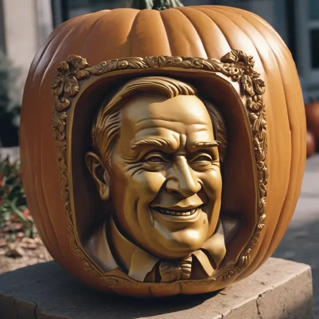 Golden pumpkin carved with portraits of Jim Flaherty, energy sector, and U.S. investors symbolizing their roles in the Halloween Massacre