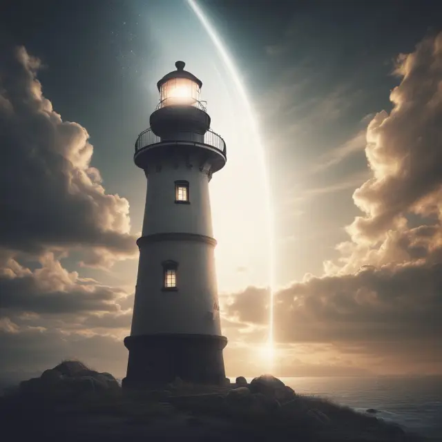 Lighthouse with one beam radiating brightly (halo effect) and another casting a shadow (horn effect), illustrating the dual impact of brand perception
