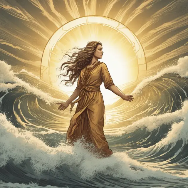 A golden halo symbolizing brand success shatters against turbulent waves, representing the risks and challenges of overrelying on the halo effect