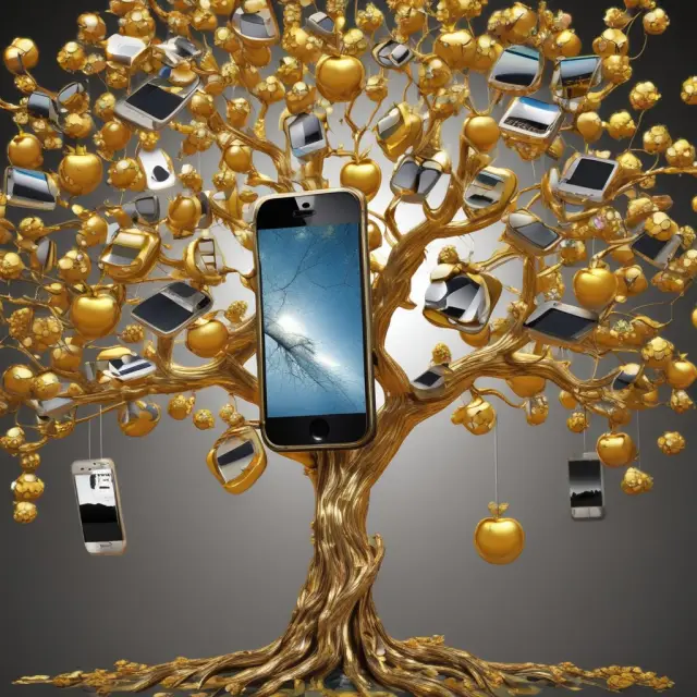Golden apple tree laden with iPhones - halo effect representation of brand loyalty and consumer trust.