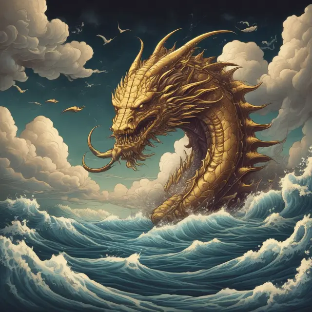 An unlevered beta (golden leviathan) navigating through a sea of financial leverage, with waves symbolizing debt-to-equity ratios and tax rates altering its risk level.