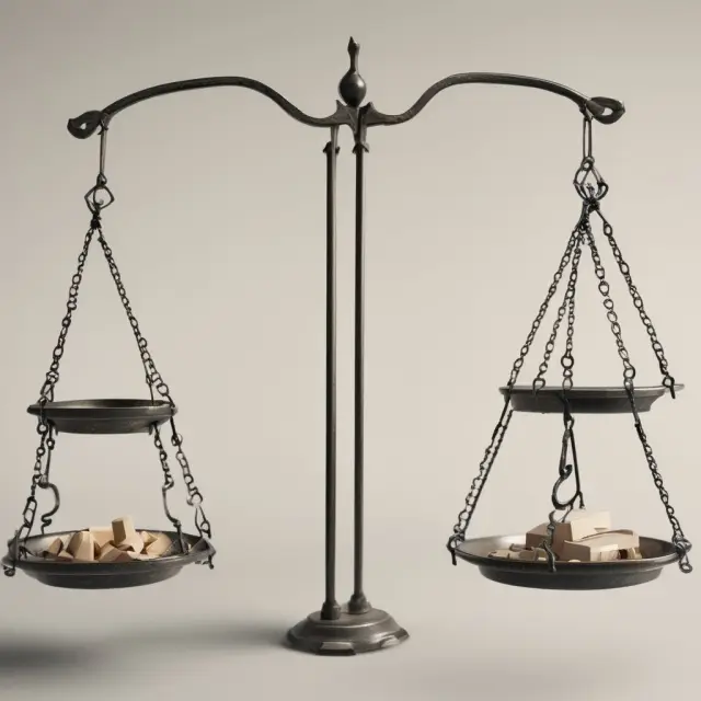 Scale with two pans, one showing a firm with lower Hamada coefficient for less risk, the other with higher Hamada coefficient for more risk, illustrating comparison of firms