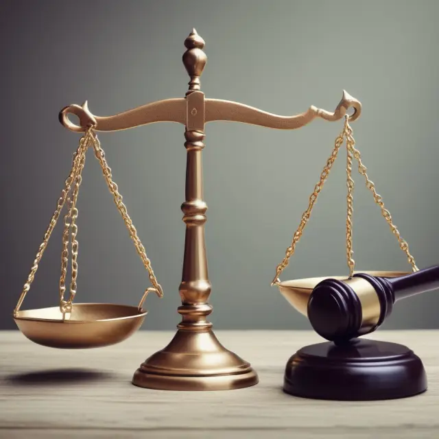 A balanced scale represents insurance negotiations with a hammer symbolizing insurer