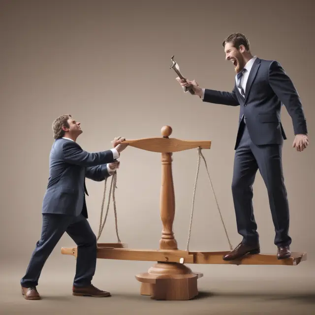 Insurer and policyholder on a seesaw with gavels; insurer wielding, policyholder surrendering - hammer clauses in class action lawsuits.
