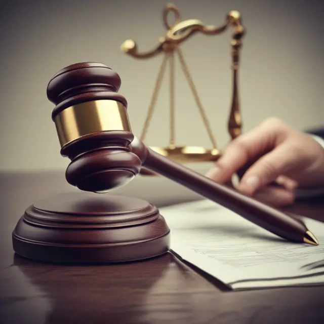 Two judges with gavels considering a scale, one side labeled 