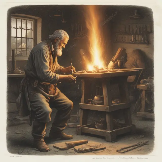 An artisan blacksmith hammers a golden candlestick on an anvil, symbolizing profit-making in investments