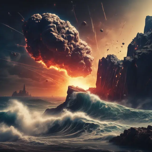 Asteroid impact on stock market: A meteor striking a financial chart represents an unexpected event causing hammering and potential opportunity.