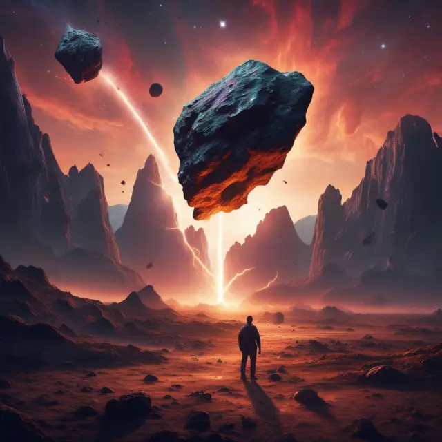 Unexpected asteroid event causing hammering in the stock market, represented by a crumbling landscape and new growth