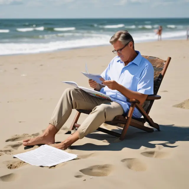 A wealthy investor examines defensive sector stocks at the edge of a serene Hamptons beach, symbolizing opportunities in market anomalies.