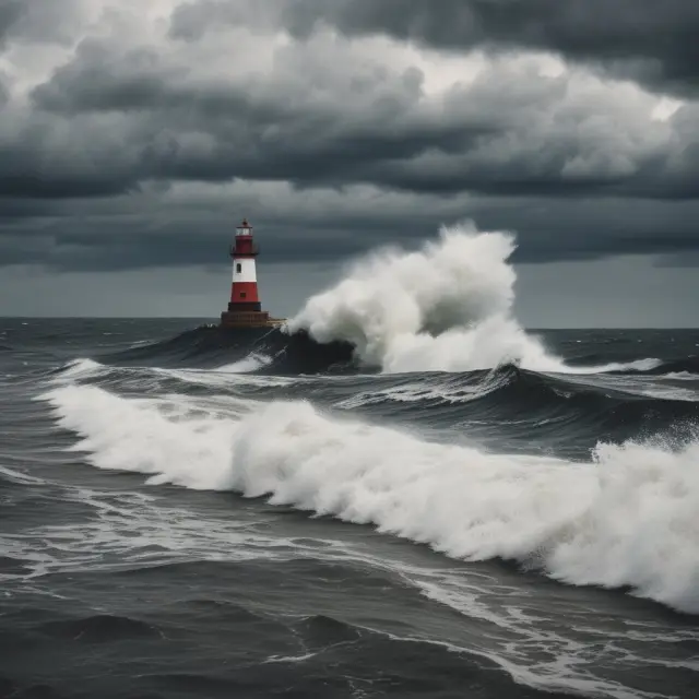 A tranquil harbor amidst turbulent market waves, with defensive stocks symbolizing safe boats sheltering from the storm
