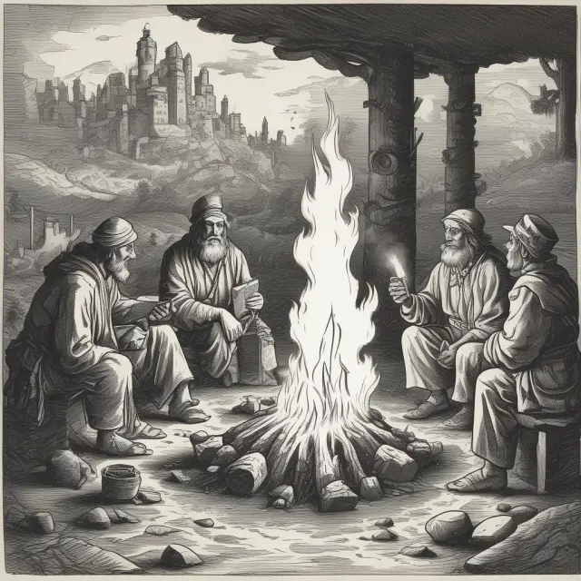 An elderly storyteller sharing tales of market anomalies by the campfire while charts flicker in the background