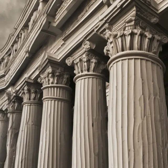Image of sturdy pillars representing handle notations supporting a complex financial market landscape