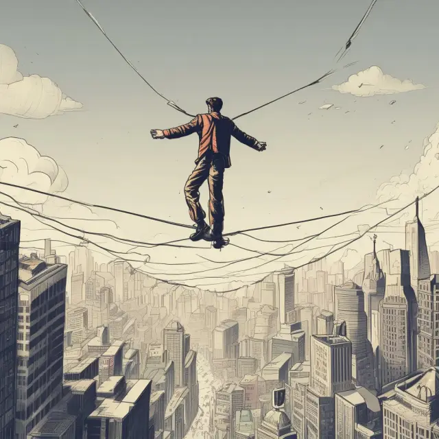 A person balancing on a tightrope with various market indices juggled overhead, illustrating the delicate balance of hands-off investing