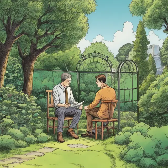 An investor in thought, standing before a flourishing garden of diverse index funds, symbolizing hands-off investing and long-term growth