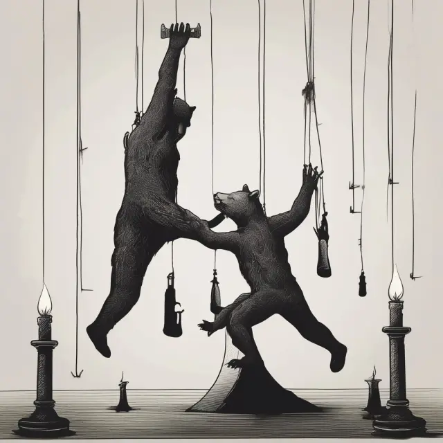 An ominous hanging man candlestick transforms into a bear, representing potential market reversal