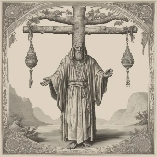 A wise old market sage examines a hanging man candlestick pattern on a parchment chart, pondering its implications for future price movements