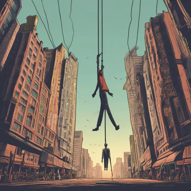 Hanging man pattern illustration with market giants representing risks and uncertainties