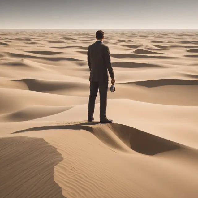Imagery of a desert oasis with a lone trader, using a hanging man pattern as a compass to navigate the volatile financial dunes