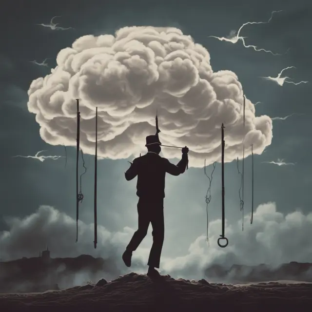 A hanging man candlestick transforming into a dark, ominous storm cloud, symbolizing potential bearish market developments