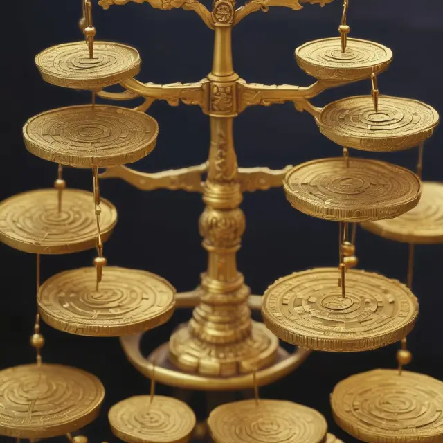 Visualization of sixty gold coins symbolizing sixty stocks in the Hang Seng Index being weighed fairly