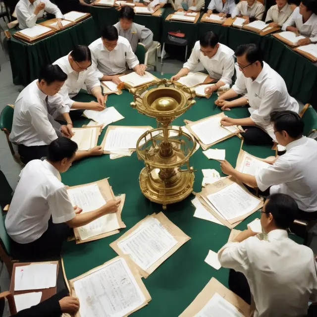 A committee of figures meticulously examining financial reports while an hourglass symbolizes the passage of time for Hang Seng Index evaluation