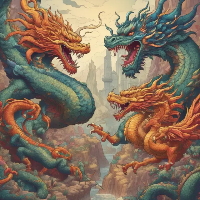 Ancient phoenix and dragon representing HSI ETFs: iShares MSCI Hong Kong ETF and Franklin FTSE Hong Kong ETF, illustrating investment choices for the Hang Seng Index