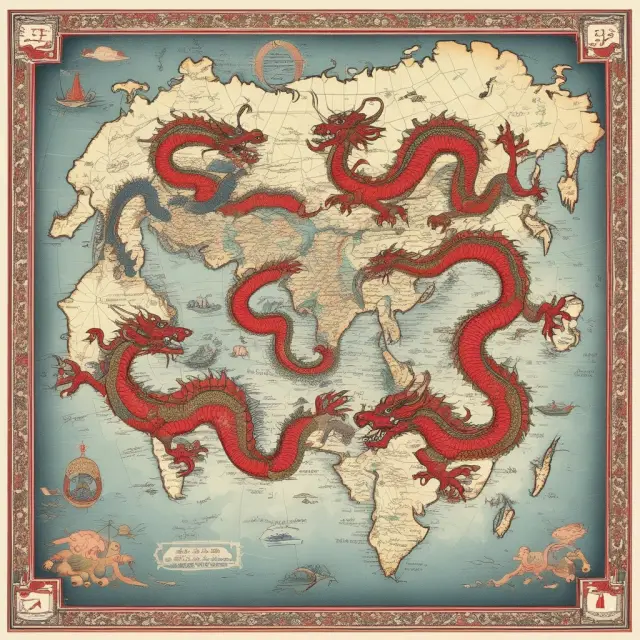 Four dragons representing the Hang Seng Index and Tokyo Stock Exchange, Shanghai Stock Exchange, and Shenzen Stock Exchange, symbolizing economic competition and collaboration in Asia