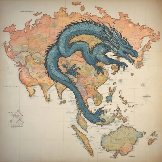 A dragon symbolizing economic power hovers above an Asian map, with Hong Kong highlighted as a vibrant city atop the Hang Seng Index