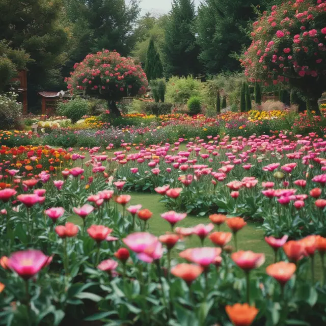 A colorful garden filled with blooming flowers, each representing a different country