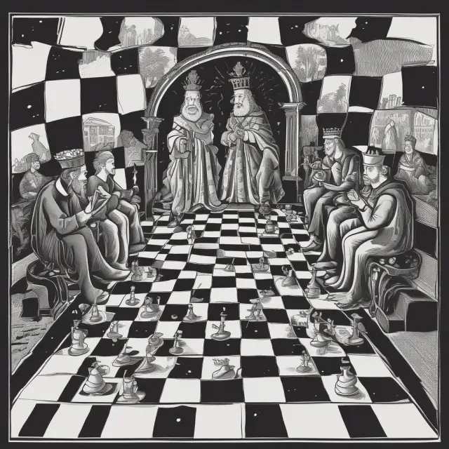 Image of critics discussing the merits and criticisms of happiness economics with philosophers, economists, and psychologists gathered around a chessboard