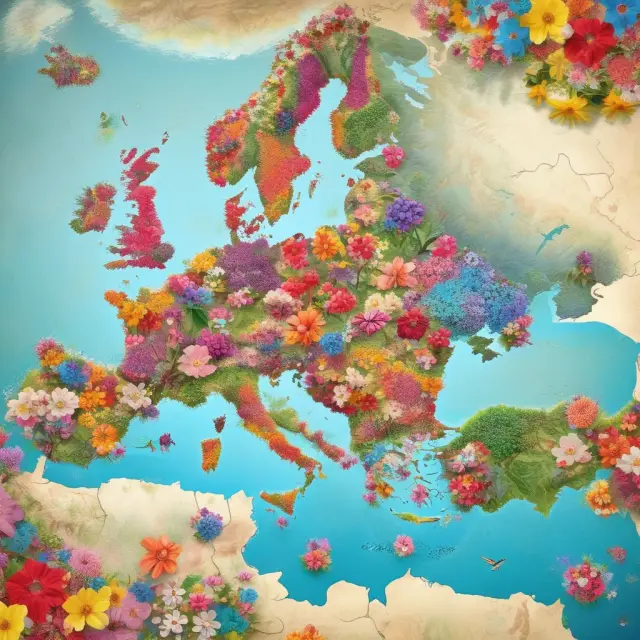 European nations depicted as flowers in a blooming garden, illustrating their relative happiness rankings according to the World Happiness Report