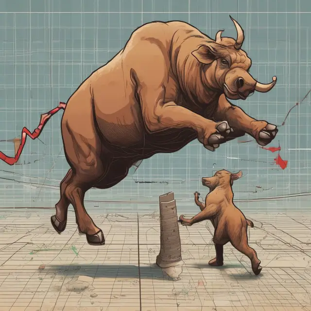 A metaphorical scene of a bull and bear engaging in a dance upon a stock ticker, symbolizing the emergence of the bearish harami cross as a significant reversal signal