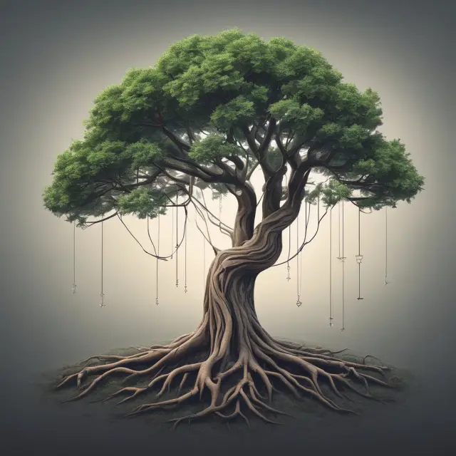 Two branches emerging from a tree trunk, representing Bitcoin Cash (BCH) and Ethereum Classic (ETC), symbolizing significant hard forks in the cryptocurrency world