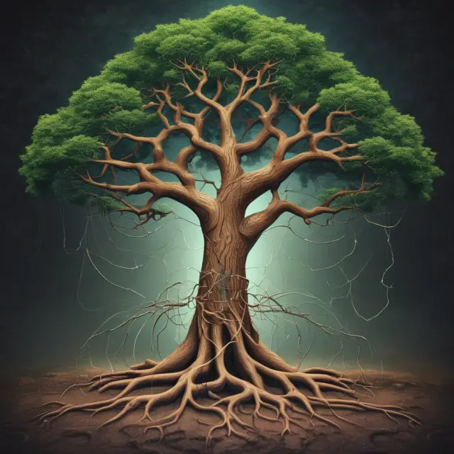 Two branches growing from a single root symbolizing a blockchain