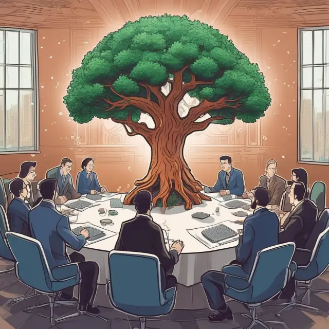 Developers, miners, and users collaborate around a roundtable, proposing a hard fork that grows as a symbolic tree in the decentralized ecosystem