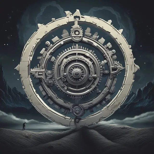 A pair of interlocked gears beneath a glowing full moon illustrate the delicate balance and alignment necessary for a successful hard fork in blockchain development.