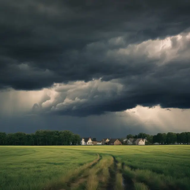 Storm clouds representing hard inquiries casting temporary shadows on a sunlit, improving credit score landscape