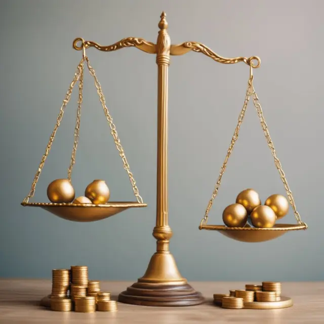 A balance scale weighing mortgage payments against golden coins representing income, with ratio balls illustrating the ideal 28% limit