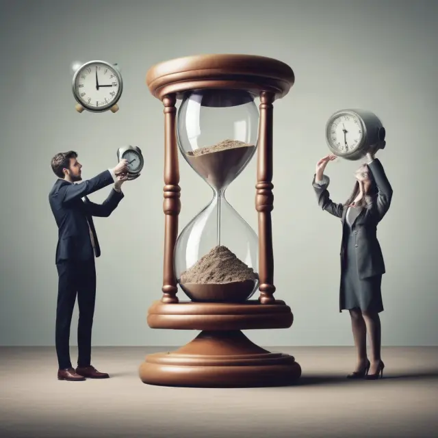 Salesperson using hourglass and stopwatch to emphasize time sensitivity in hard selling