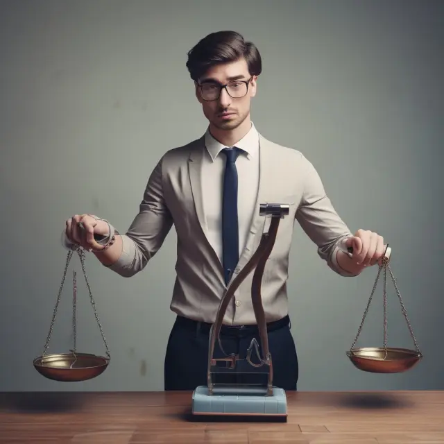 A salesperson standing on a scale, one pan filled with ethical practices and the other with aggressive hard-sell tactics, finding equilibrium