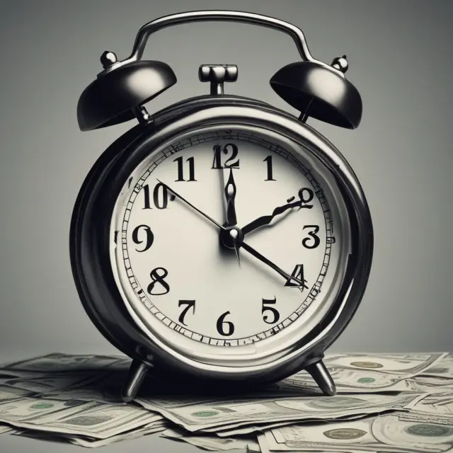A ticking clock and piles of money illustrating situations where hard selling is effective due to urgency