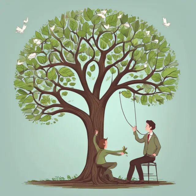 A consultative salesperson watering and caring for a tree, symbolizing the growth of long-term relationships with clients