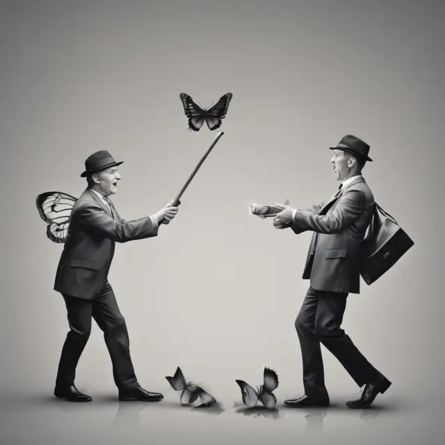 A hard-selling salesperson morphs into a persuasive, gentle butterfly, symbolizing the evolution from aggressive tactics to respectful, relationship-building techniques