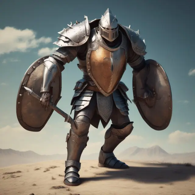 Armor-clad warrior with shield of hard skills facing interview panel, symbolizing competitive hiring process