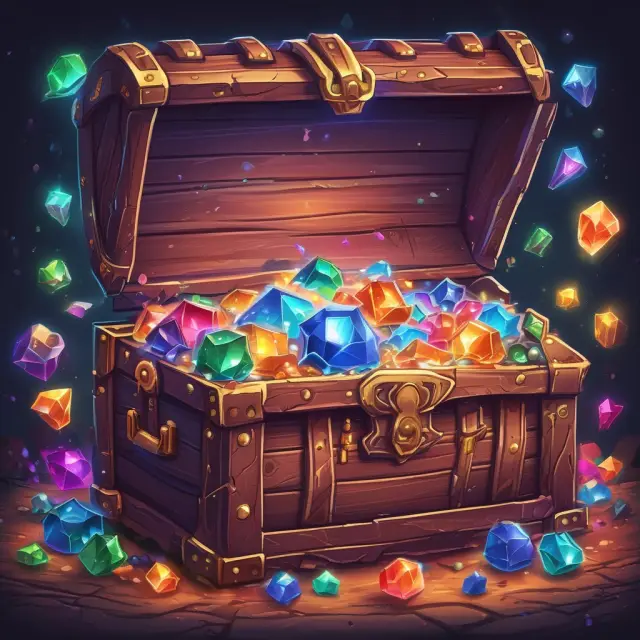 A treasure chest filled with radiant gemstones representing various hard skills
