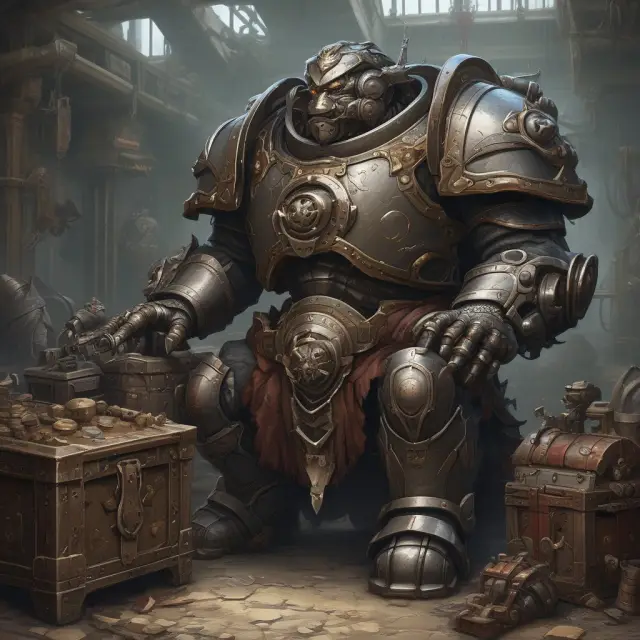 An armored figure, representing insurance policies, protects an open treasure chest brimming with gears and machinery, symbolizing well-maintained hard assets