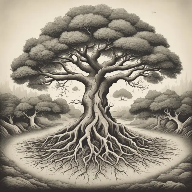 An image of a tree growing hard asset roots (tangible assets) and soft asset branches (intangible assets), demonstrating a balanced investment portfolio