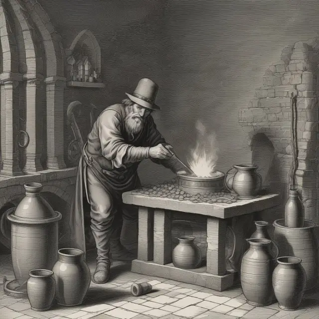 An alchemist transforms gold coins into bricks at a forge, symbolizing hard money lending